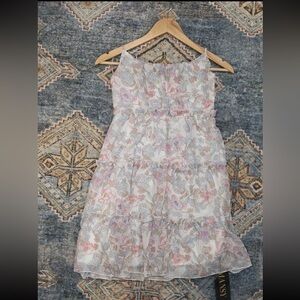 Mansy Floral Tiered Mini Dress in White with Pastel Print